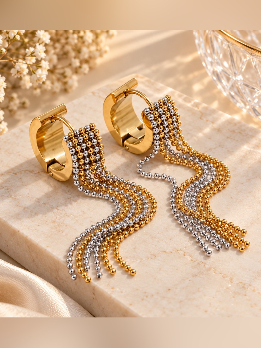 Two-Tone Beaded Fringe Hoop Earrings - Picture 2 of 4